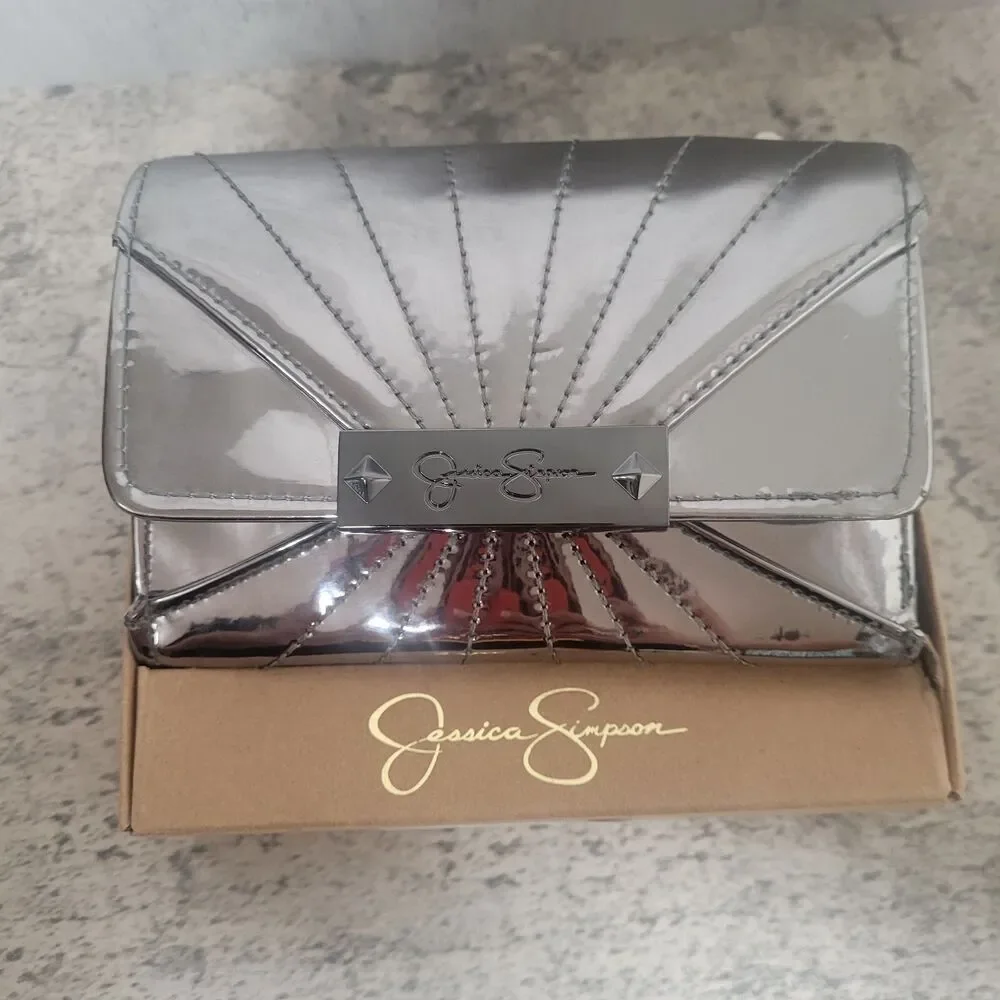 Jessica Simpson Women's Wallet Shiny Pewter Gray Silver Studded New Trifold